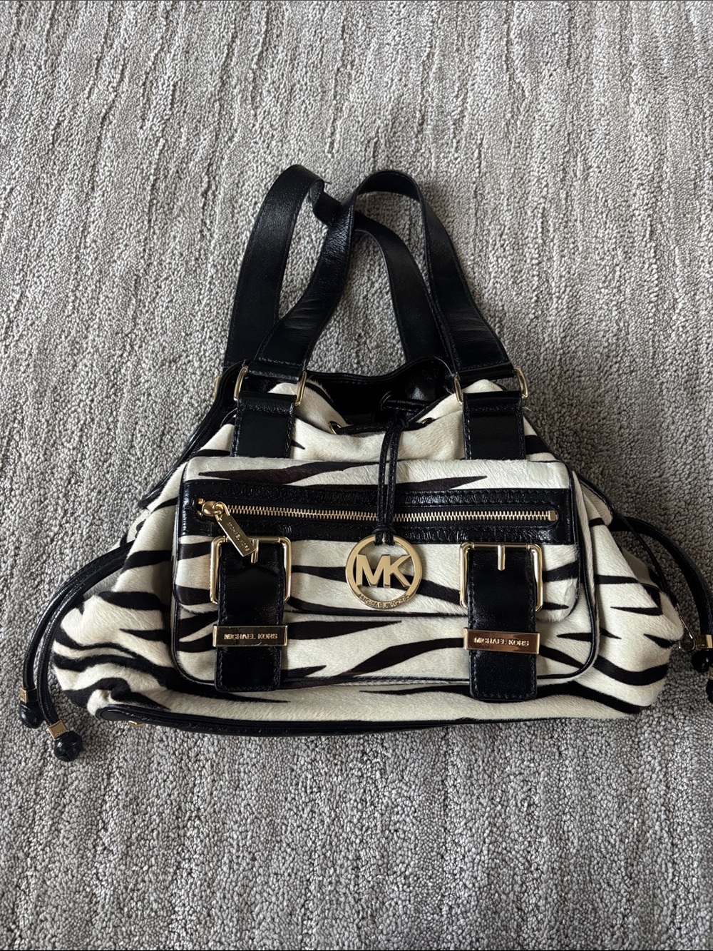 Michael Kors Black & White Zebra-Print Shoulder Bag with Gold Hardware